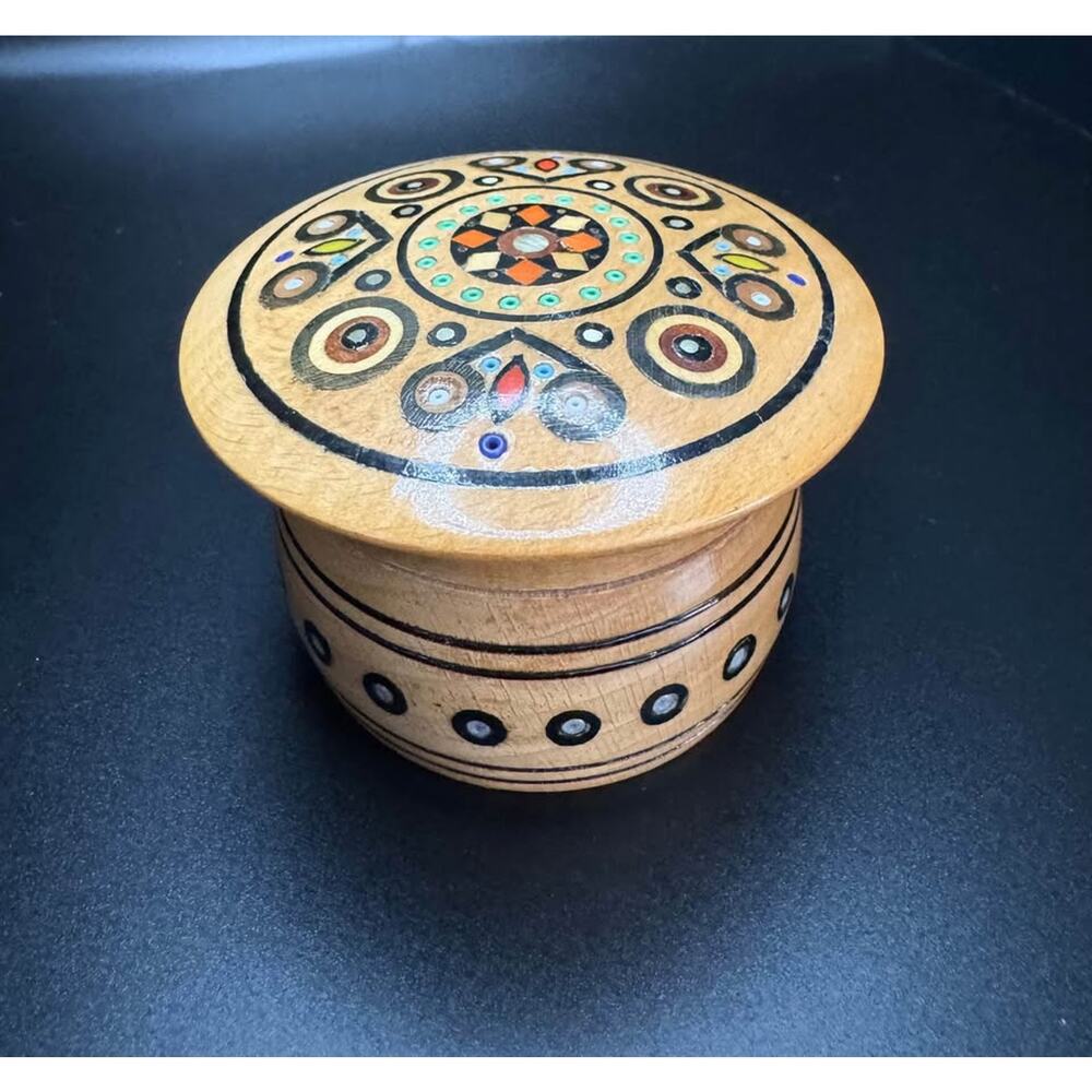 Vintage Collectible Ukrainian Inlay Lacquer Hand Painted Wooden Lidded Jar/ Box